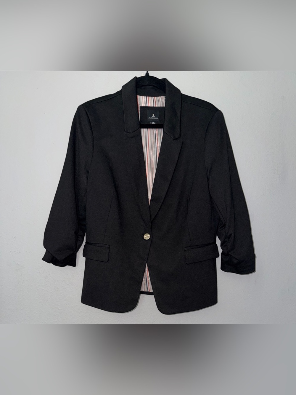 Jules & Leopold Ruched Sleeves Black Blazer Size L Career Jacket Single-Button
